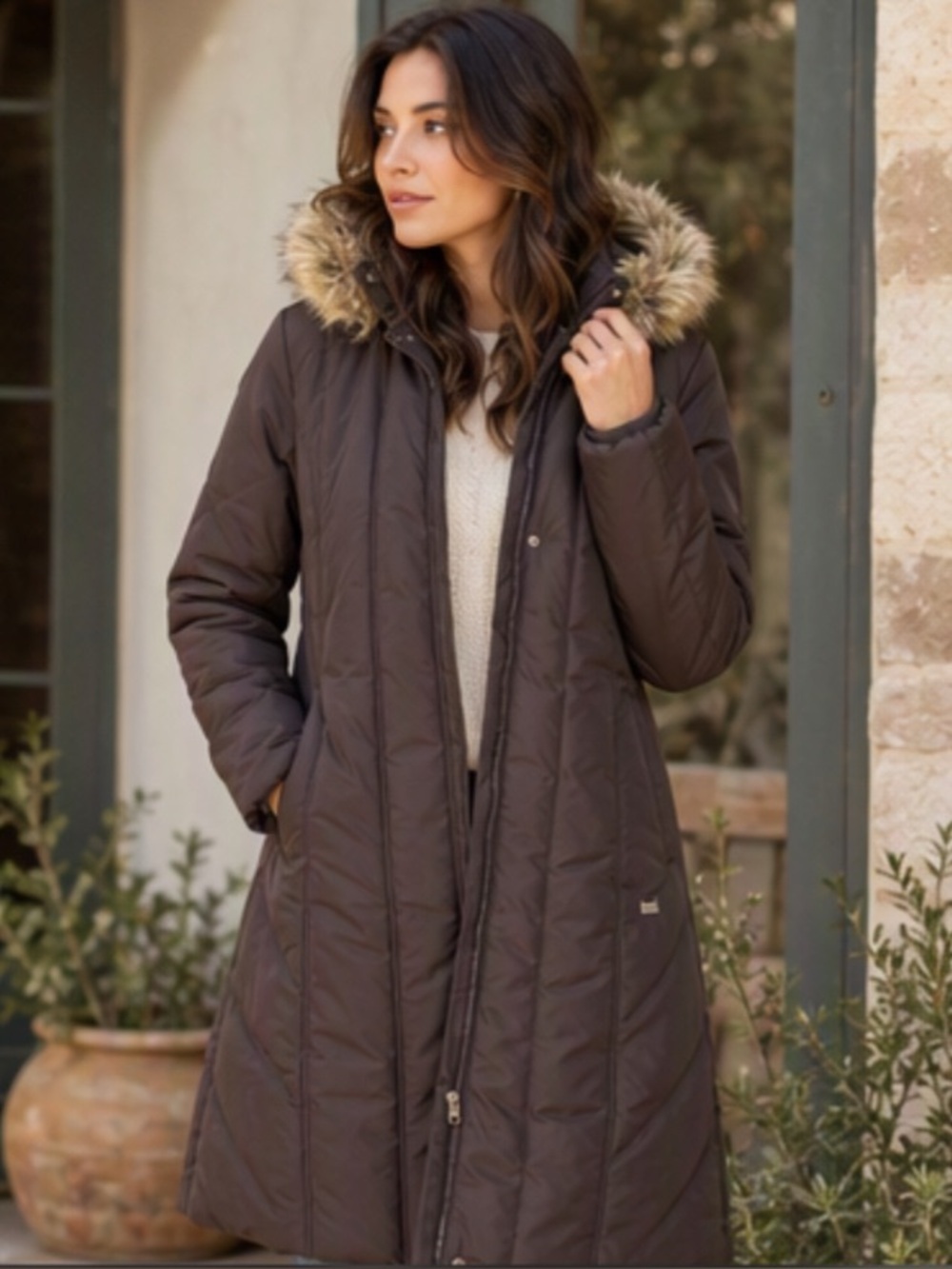 🌷 Perry Ellis Portfolio 🌷 Brown Down Long Winter Coat With Faux Fur Hood